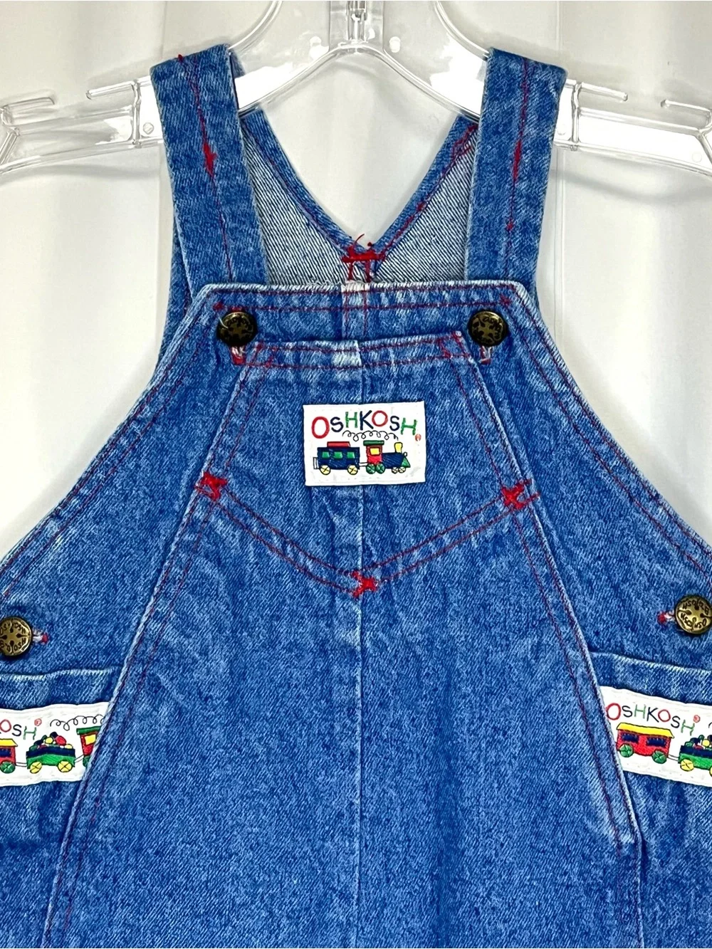 Vintage OshKosh Boys Vestbak Denim Bubble Overalls Trains 18M 90’s